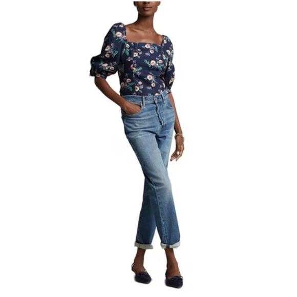 POLO RALPH LAUREN Blouse Sz 18 Linen Puff Sleeve Floral Print Navy Blue - Picture 2 of 12